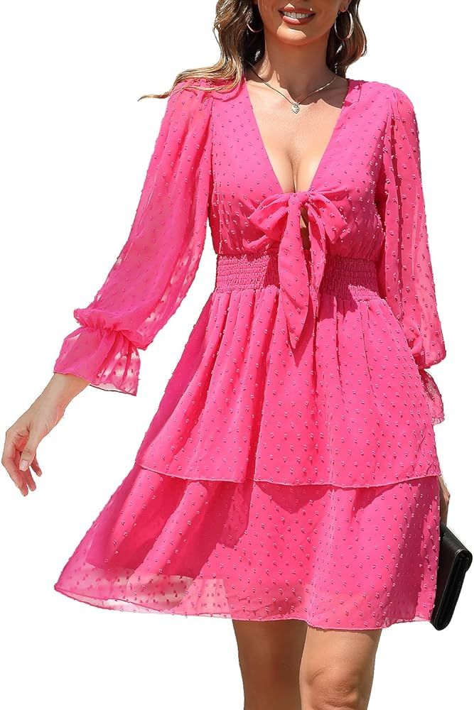 SouqFone Womens Long Sleeve Mini Dress Square Neck or V Neck High Waist A Line Short Dress | Amazon (US)