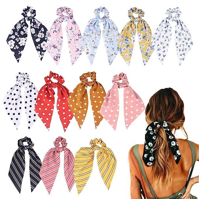 12 Pcs Hair Scarf Hair Scrunchies Chiffon Floral Scrunchie Hair Bands Ponytail Holder Scrunchy Ti... | Amazon (US)