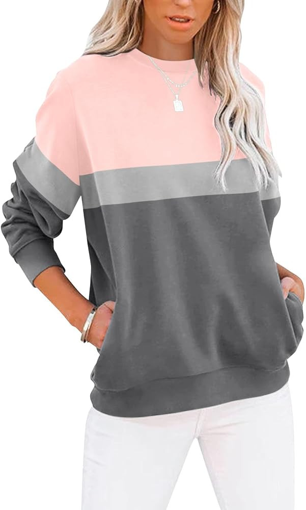 TICTICMIMI Women's Casual Long Sleeve Color Block/Solid Tops Crewneck Sweatshirts Cute Loose Fit ... | Amazon (US)