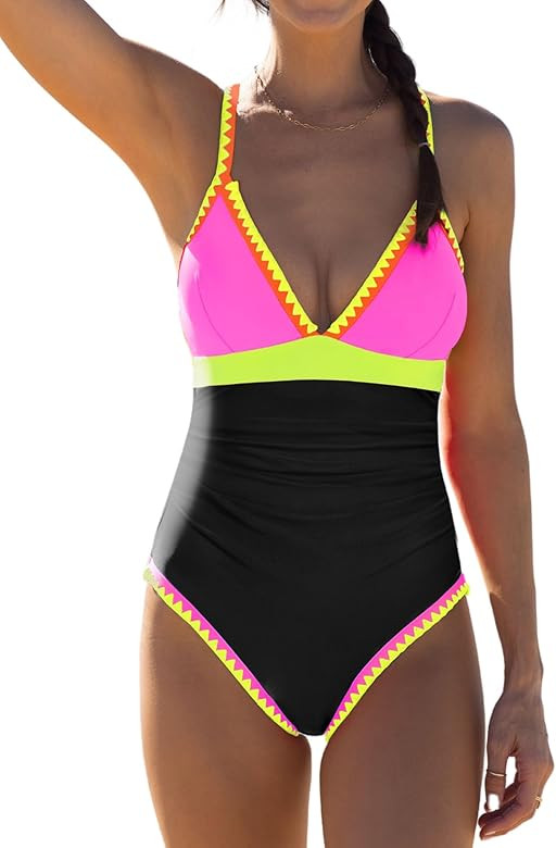 popvil Neon Color Block One Piece Bathing Suit for Women Tummy Control V Neck Swimsuit Plunge She... | Amazon (US)