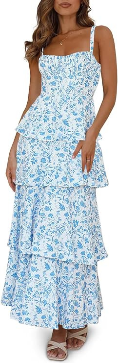 Fisoew Womens Floral Maxi Dresses Spaghetti Strap Casual Sleeveless Ruffle Flowy Tiered Dress | Amazon (US)