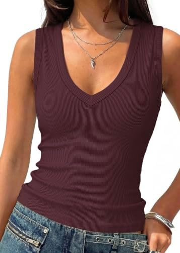 Prettywear Deep V Neck Tank Tops for Women Ribbed Sleeveless Summer Top | Amazon (US)