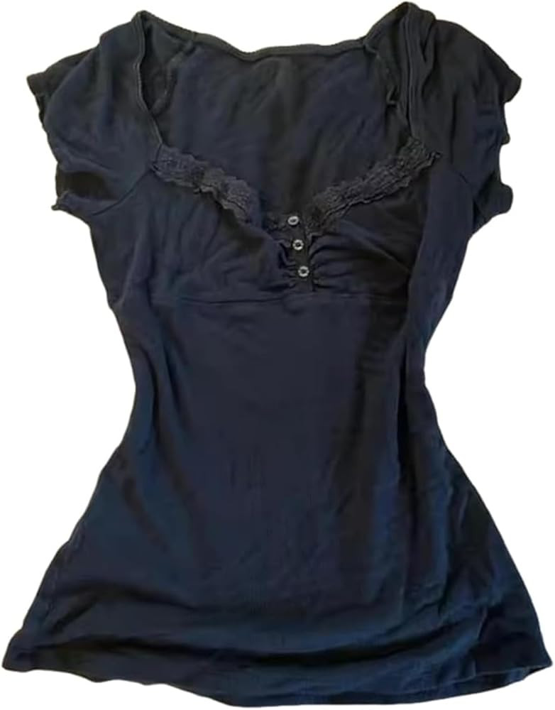 Chvity Y2k Fairy Grunge Shirts Short Sleeve Emo Goth Shirt Summer 2000s Lace Coquette Going Out T... | Amazon (US)