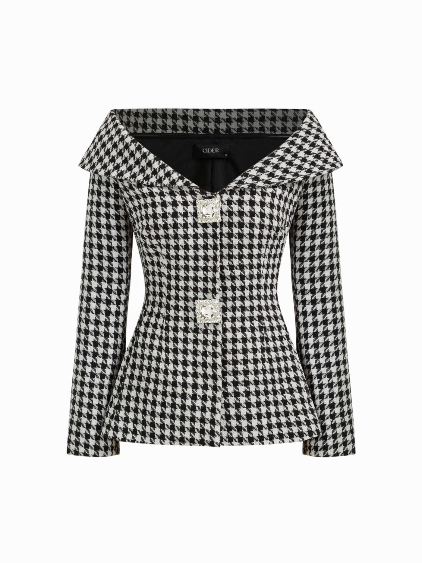 Tweed Tweed Houndstooth Collar Rhinestone Detail Cinched Waist Blazer For Daily Casual | Cider