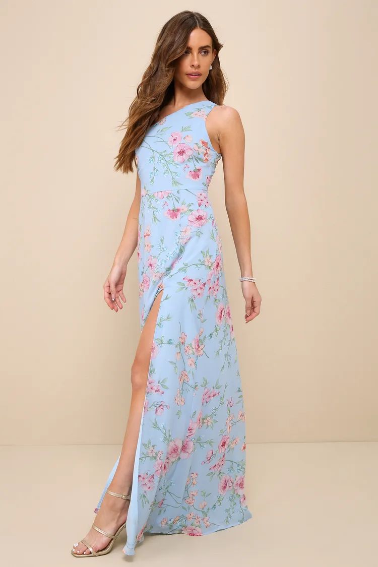 Elegant Admiration Light Blue Floral One-Shoulder Maxi Dress | Lulus
