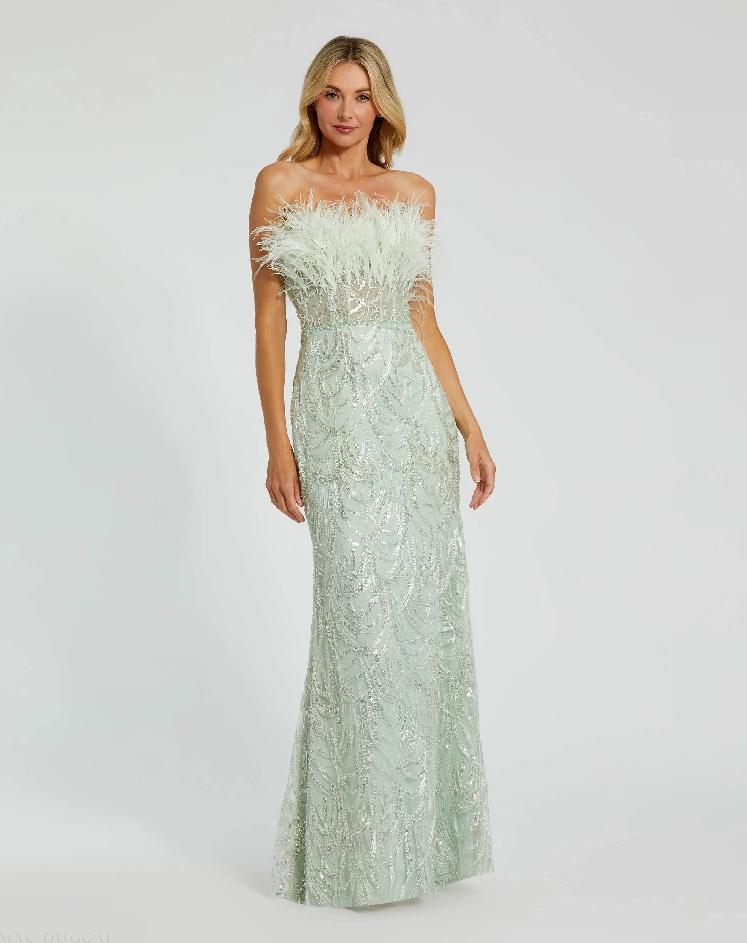Green Strapless Feather Bustier Gown with Embroidery - Mac Duggal | Mac Duggal