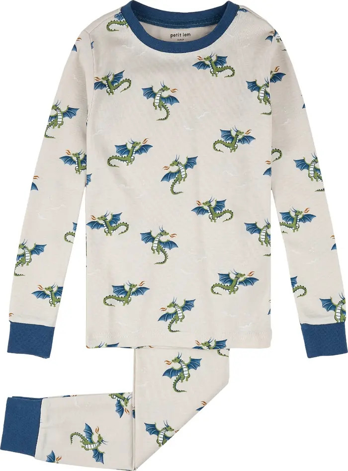 Petit Lem Kids' Dragon Print Fitted Two-Piece Organic Cotton Rib Pajamas | Nordstrom | Nordstrom