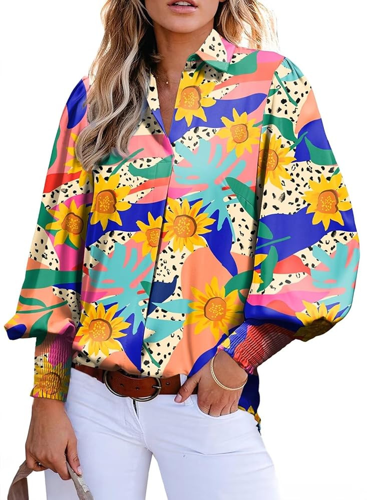 Astylish Women 2025 Loose V-Neck Shirts Paisley Print Lantern Sleeve Blouse Boho Tops | Amazon (US)