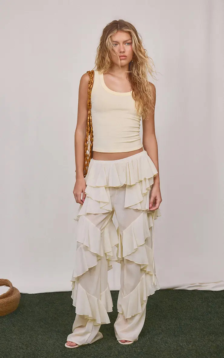 Cream Chiffon Ruffle Wide Leg Trousers | PrettyLittleThing UK