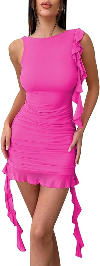 Womens Summer Sleeveless Crewneck Mesh Frills Ruffle Mini Bodycon Dresses Party Dress | Amazon (US)