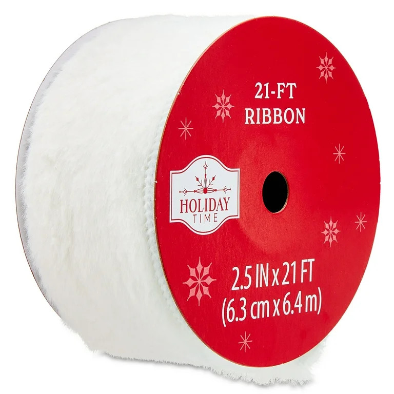 White Faux Fur Christmas Ribbon, 2.5" x 21', by Holiday Time | Walmart (US)