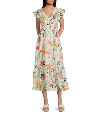 Floral Printed V-Neck Smocked Tiered Maxi Dress | Dillard's