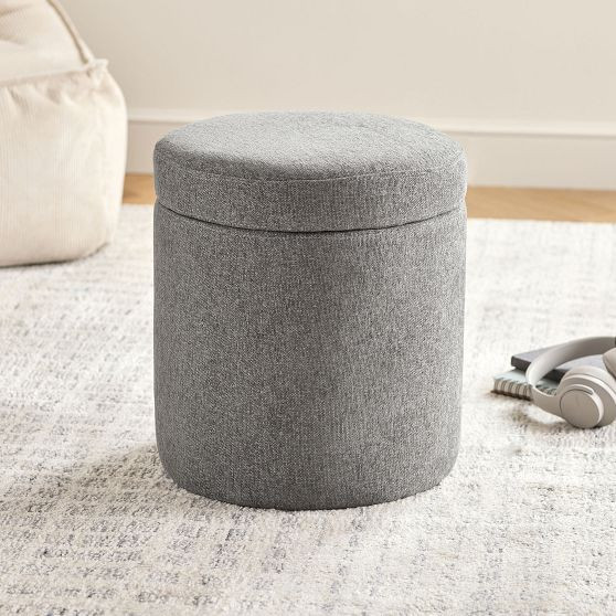 Heathered Chenille Charcoal Simple Round Storage Ottoman | Pottery Barn Teen