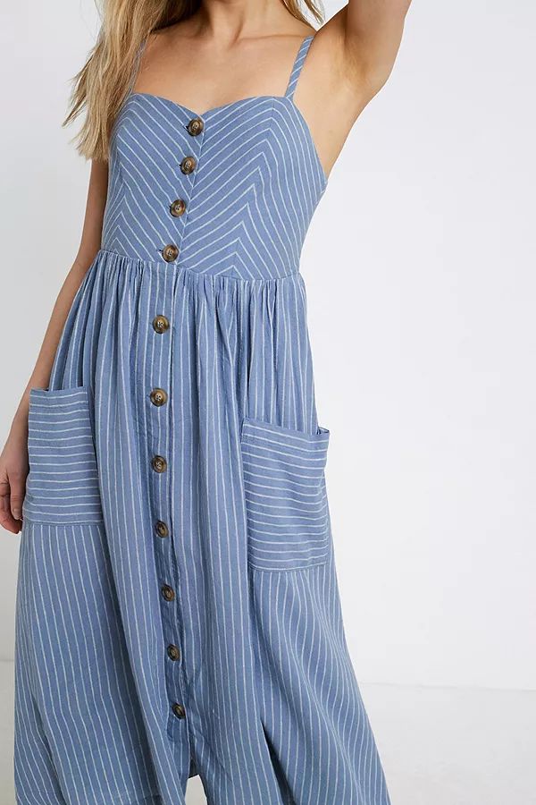 UO Emilia Blue Striped Button-Through Midi Dress | Urban Outfitters EU