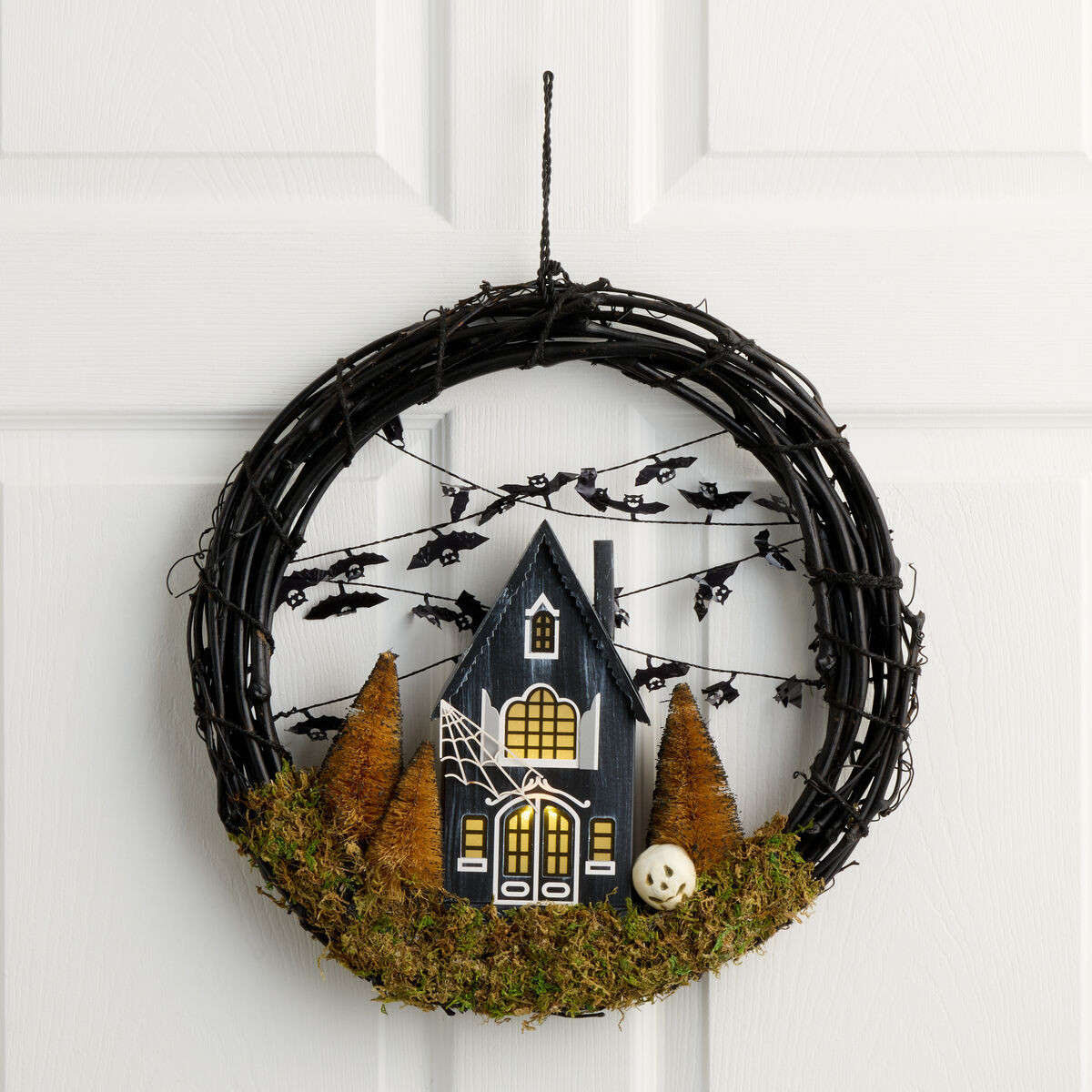 Mossy Black Rattan Haunted House LED Light Up Wreath by World Market | World Market