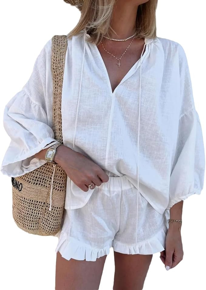 Women Lace Up V-neck Long Puff Sleeve Blouse Ruffles Shorts Sets Summer Casual Vacation Boho 2 Pi... | Amazon (US)