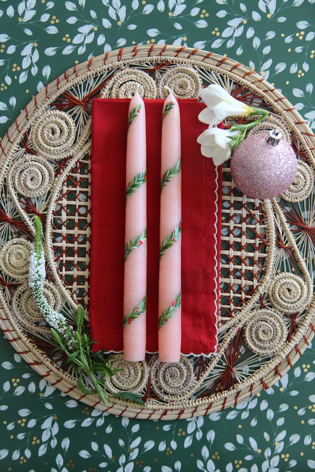 Pink Garland and Berry Hand Painted Taper Candles S/2 / - Etsy | Etsy (US)