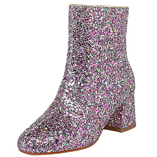 FIFSY Women's Pink Sparkly Ankle Boots Sequin Glitter Booties Chunky High Block Heels Glitter Ankle Boots Ladies Zipper Party Prom Booties US6.5 EU36.5 | Amazon (US)