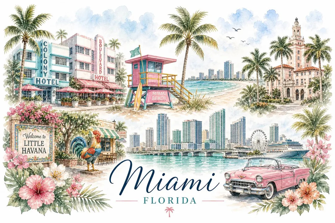 Miami Florida Watercolor PNG | Miami Beach Travel Print | Tropical Coastal Wall Art | Florida Vac... | Etsy (Global)