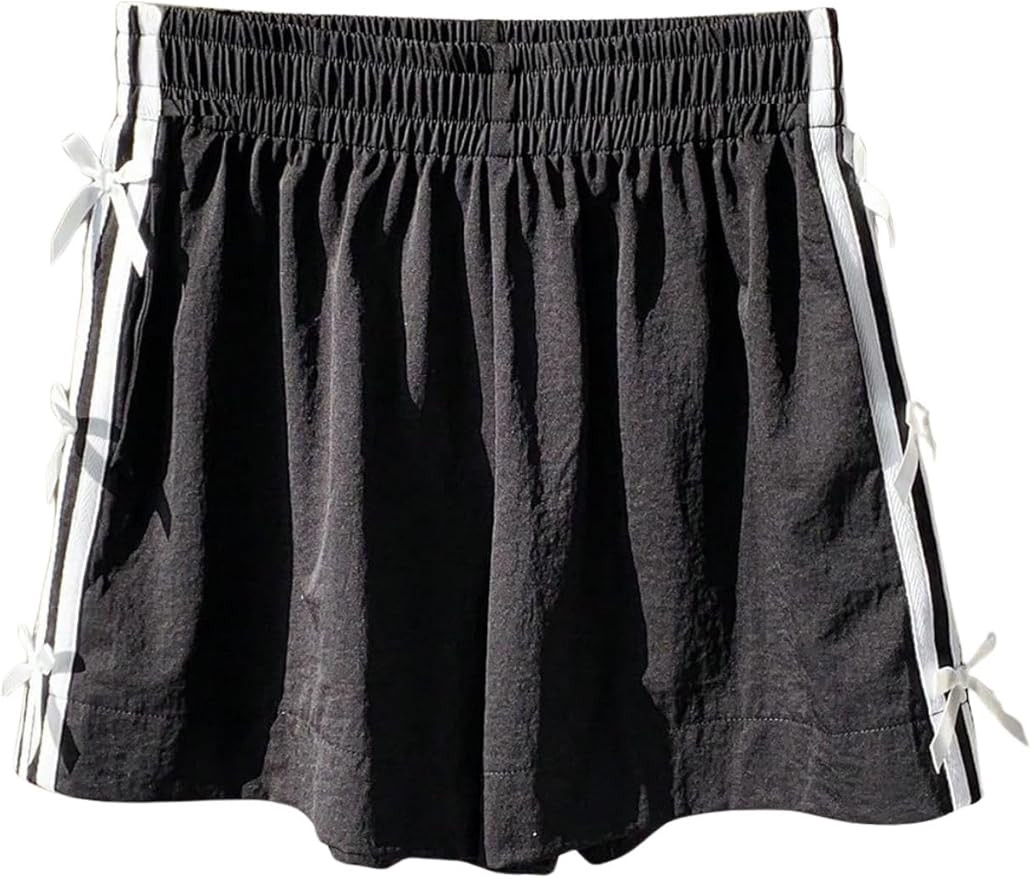 Verdusa Women's Bow Striped Mini Shorts Y2k Elastic Waist Wide Leg Gym Shorts | Amazon (US)