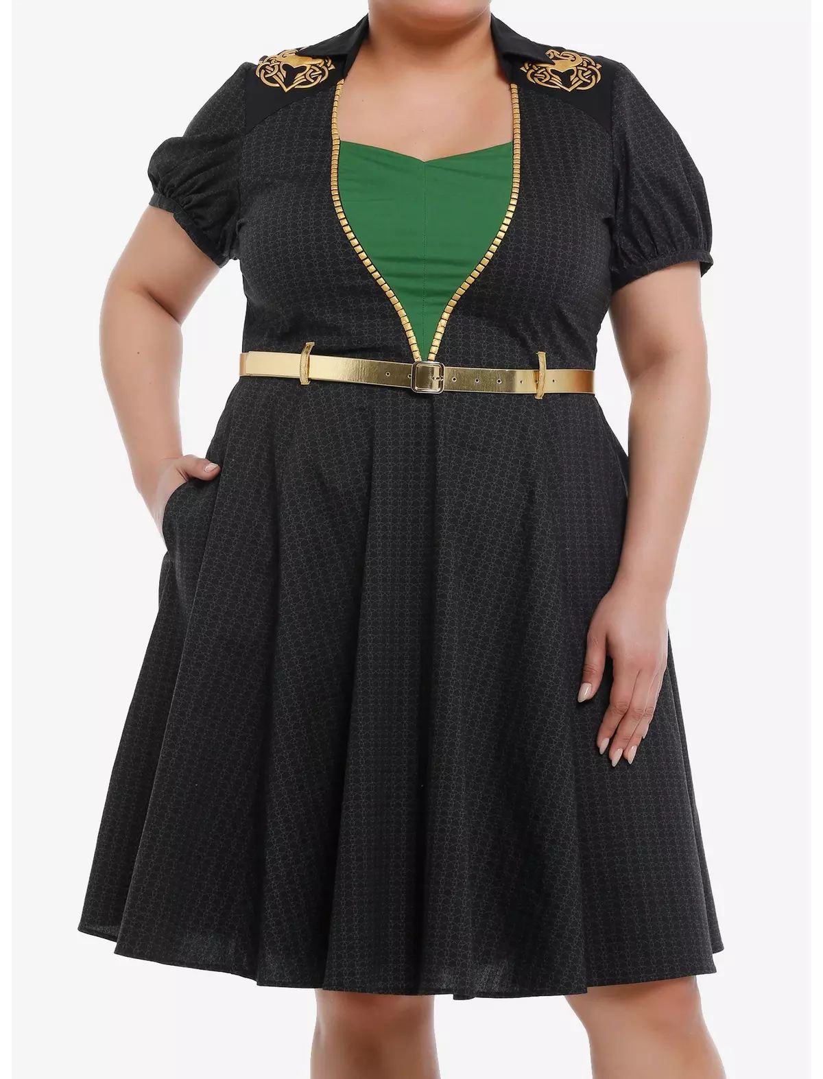 Her Universe Marvel Loki Gold Belt Retro Dress Plus Size | Hot Topic