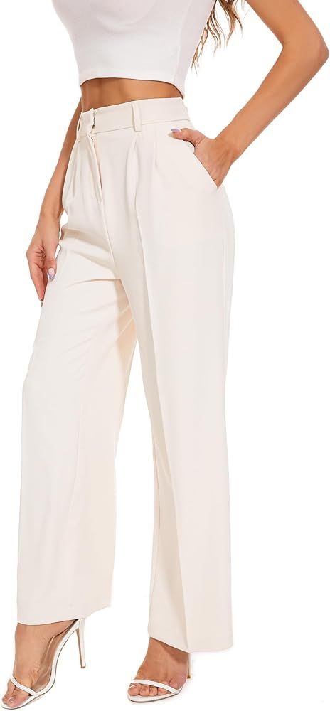 Women Wide Leg High Waist Wide Leg Pants Loose Fit Back Elastic Waist Pleated Front Trousers for ... | Amazon (US)