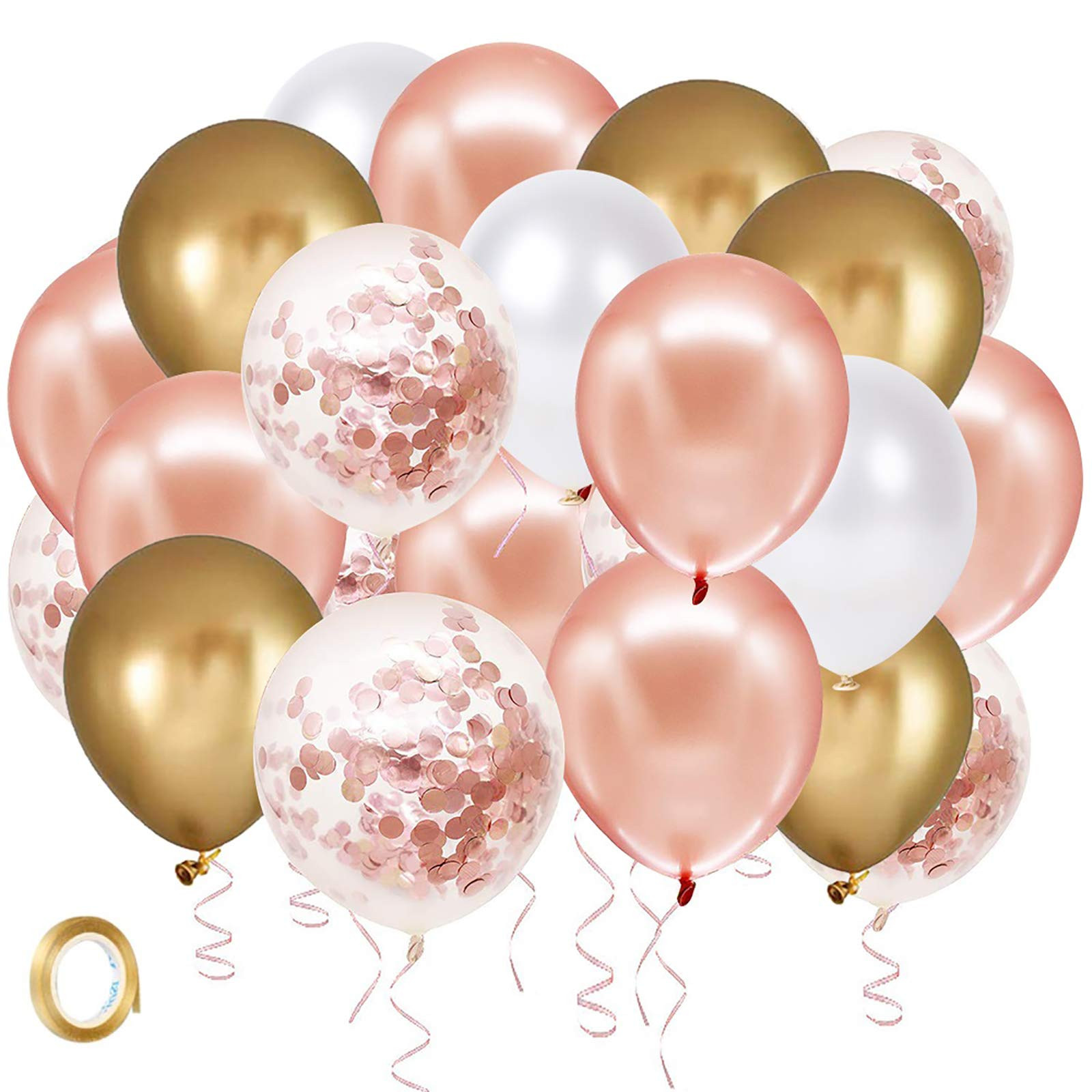 Rose Gold Confetti Latex Balloons, 60 Pack White Balloons 12 Inch with Gold Ribbon for Birthday P... | Amazon (US)