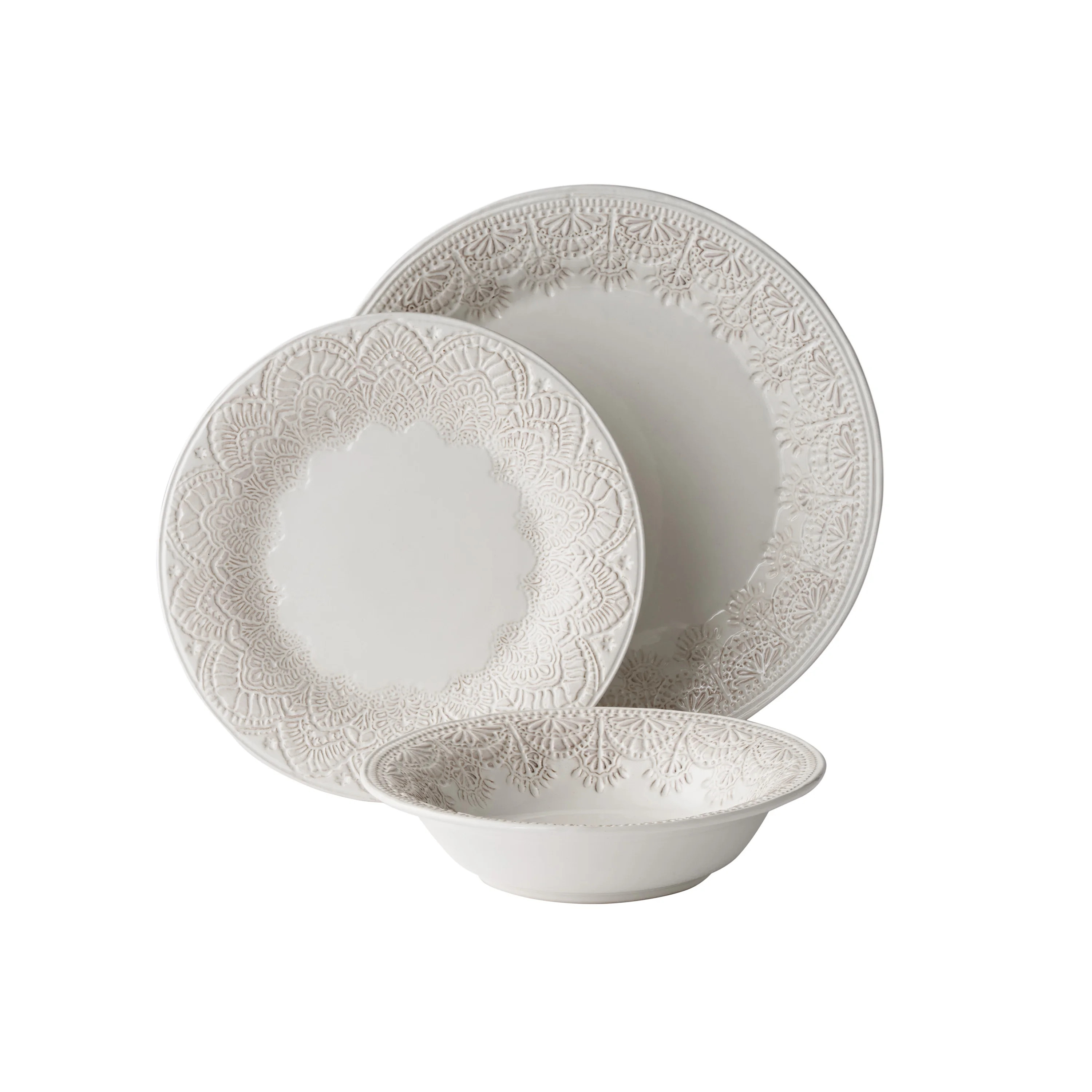 The Pioneer Woman Vintage Lace 12-Piece Ceramic Dinnerware Set, Linen | Walmart (US)
