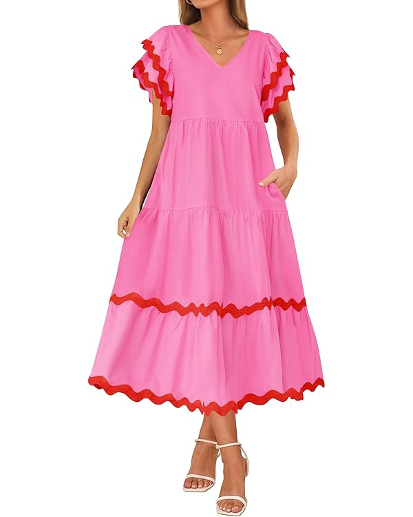 ZESICA Womens 2025 Summer Casual Midi Dresses V Neck Flutter Short Sleeve Ruffle Tiered A Line Fl... | Amazon (US)