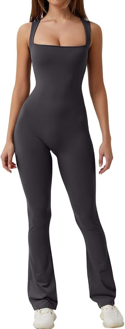 QINSEN Flare Jumpsuits for Women Strappy Square Neck Bodycon Full Length Long Pants Casual Playsu... | Amazon (US)