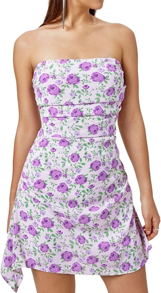 Parthea Womens Floral Dress Y2K Strapless Dresses Going Out Sexy Mini Dress for Cocktail Clubwear... | Amazon (US)