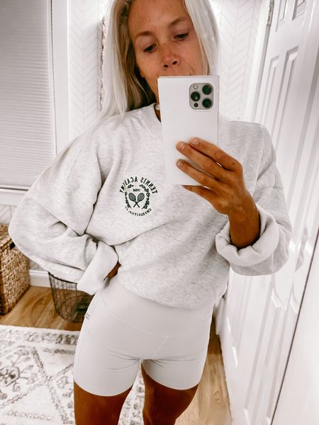 I love a good sweatshirt. I’ve been living in this one. I love the preppy tennis vibes. It’s on sale from Abercrombie. My shorts are align from lululemon. I live in these too. I’m wearing size small in the sweatshirt and 4 in shorts.