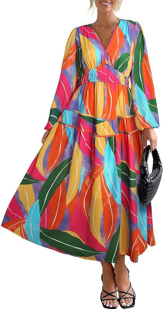 BLENCOT Women's Boho Print Dress Deep V Neck Maxi Dress Long Sleeve High Waist Wedding Guest Long... | Amazon (US)