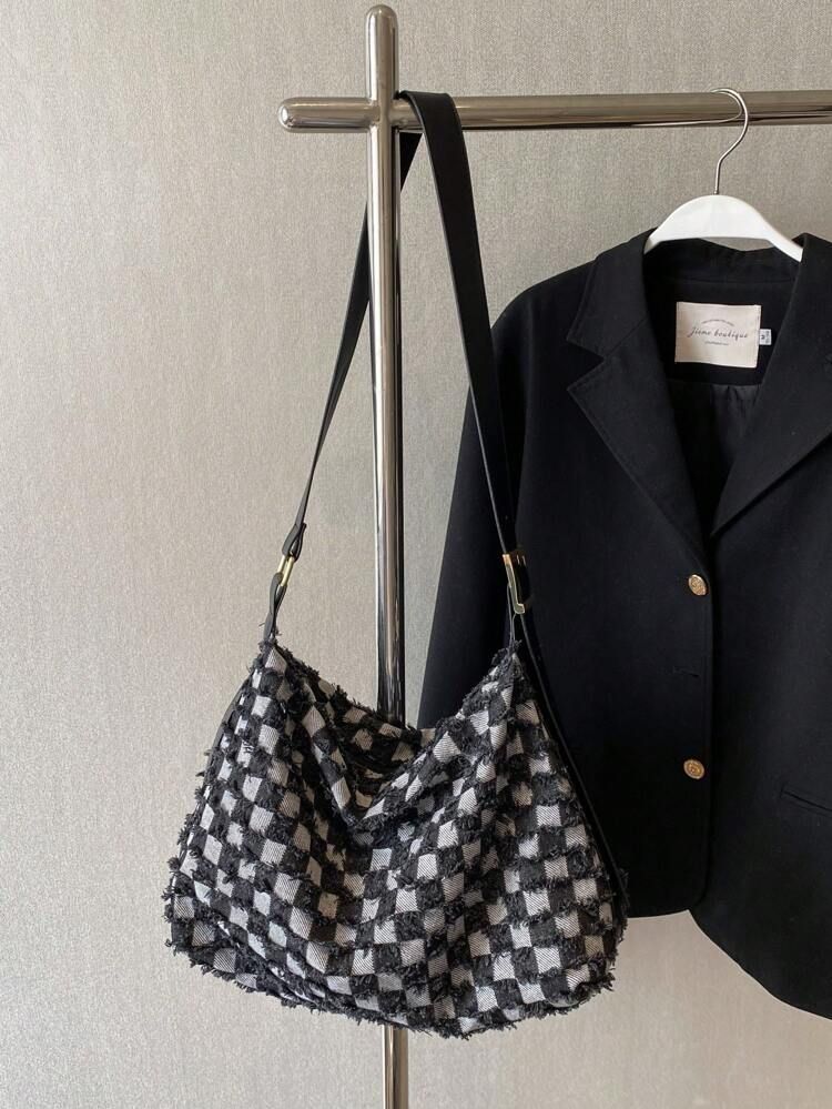 Plaid Pattern Hobo Bag Medium Zipper | SHEIN
