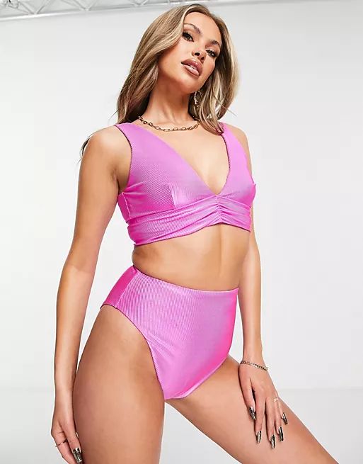 ASOS DESIGN mix and match mirror satin rib high leg high waist bikini bottom in bright pink | ASOS (Global)