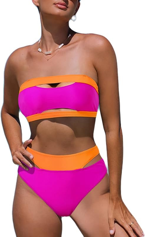 Hilinker Women's Leopard Print Strapless Swimsuits Color Block High Waisted Bikini Set | Amazon (US)