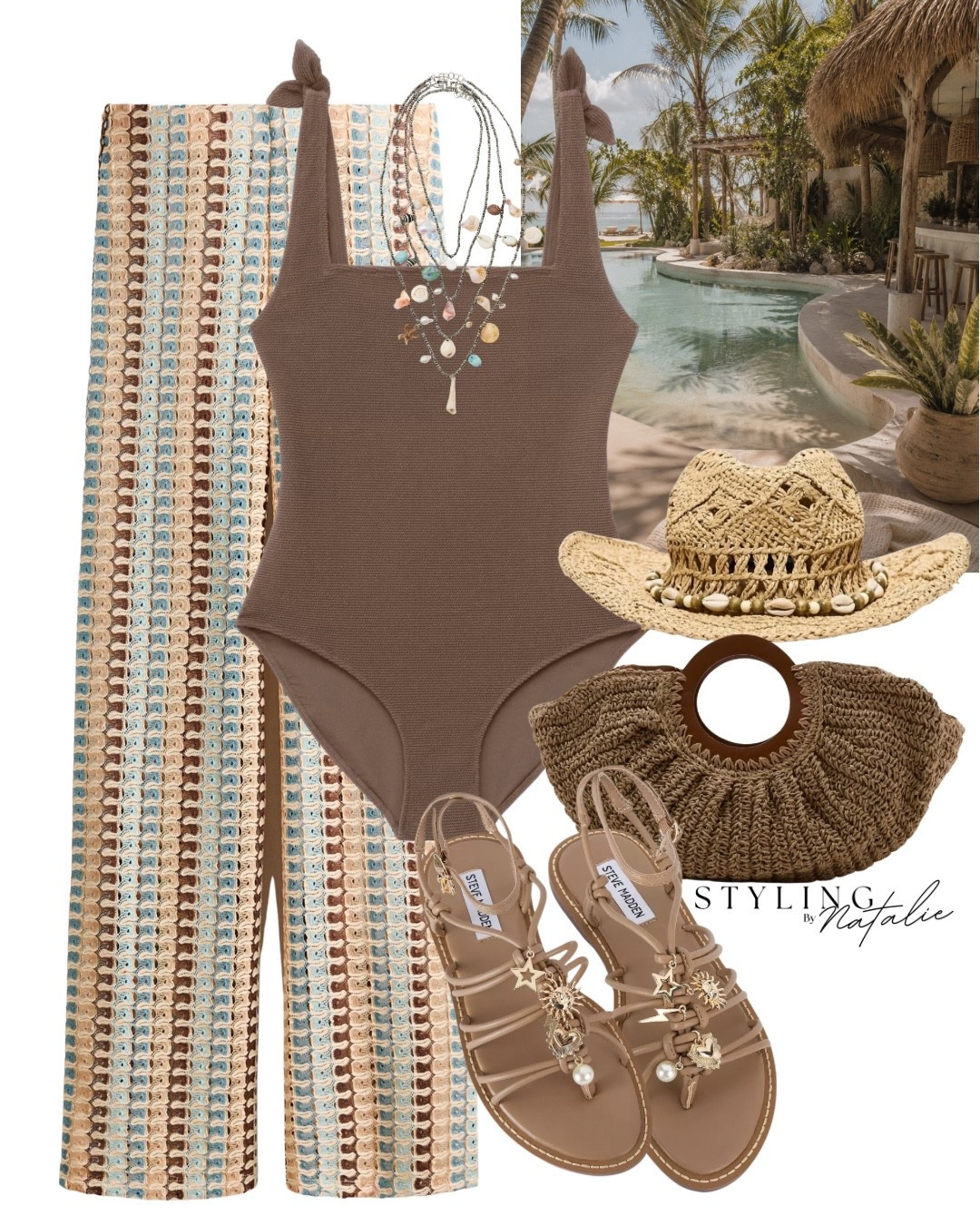 Beach outfit-  🌊 🐚 
Flare, stripe knit trousers, crinkle cut brown swimsuit, cowboy hat, seashell necklace, charm sandals, raffia bag. 

Swimwear,  beach wear, beach outfit, summer style, Ibiza, vacation,  holiday outfit, beach club, Ibiza, st tropez, Marbella, Dubai, chic, pooolside glamour

#LTKsummer #LTKeurope #LTKswimwear