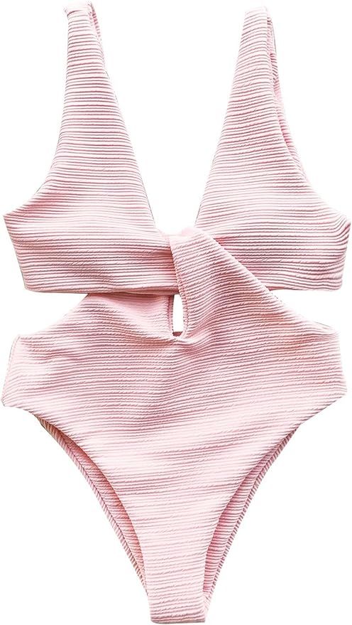 CUPSHE Women's Solid Pink High Waisted One-Piece Swimsuit Shine for U Swimwear | Amazon (US)