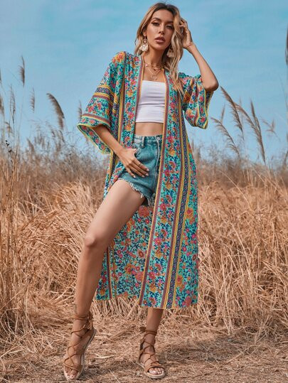 Floral Open Front Longline Kimono | SHEIN