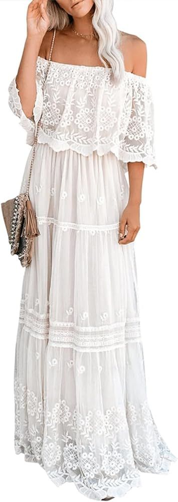 Womens V Neck Floral Embroidered Lace Wedding Maxi Dress Boho Short Sleeve Slit Bridesmaid Evenin... | Amazon (US)