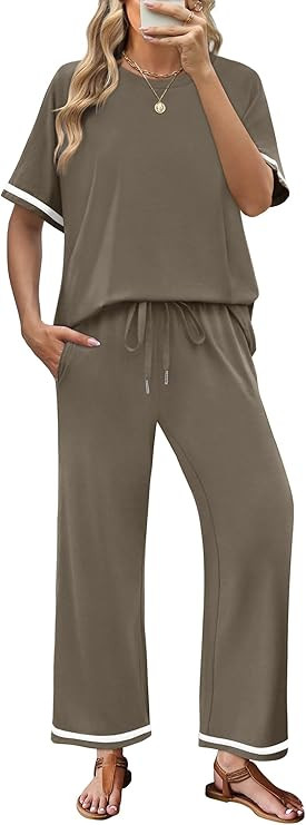 SAMPEEL 2 Piece Sets for Women Casual Summer Travel Vacation Outfits Short Sleeve Lounge Set | Amazon (US)