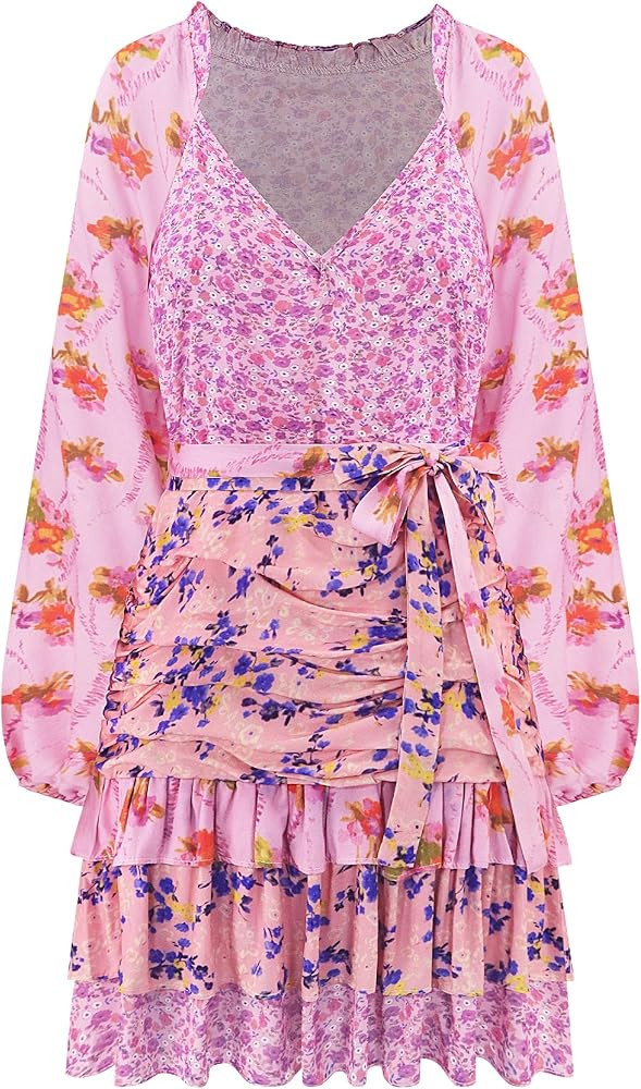 R.Vivimos Women's Summer Long Sleeve Boho Dress V Neck Floral Print Layered Ruffle Patchwork Casu... | Amazon (US)