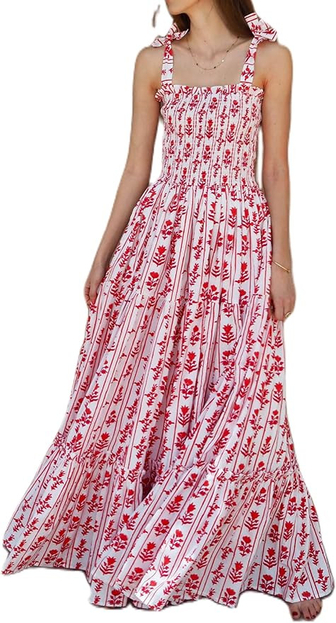 Women Tie Shoulder Graphic Boho Maxi Dress Sleeveless Flowy Tiered A Line Dress Summer Vocation G... | Amazon (US)