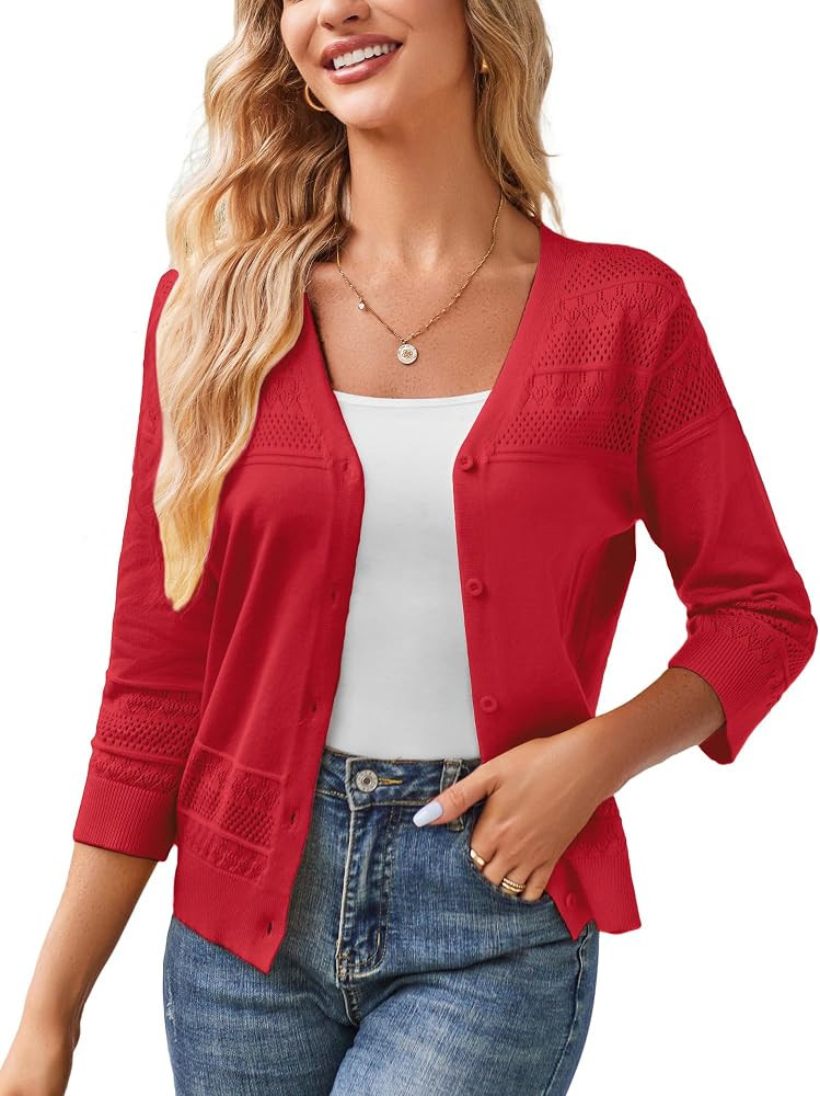 GRACE KARIN Women's 2025 Cropped Cardigan 3/4 Sleeve Lightweight Crochet Shrug Hollowed-Out Knit ... | Amazon (US)