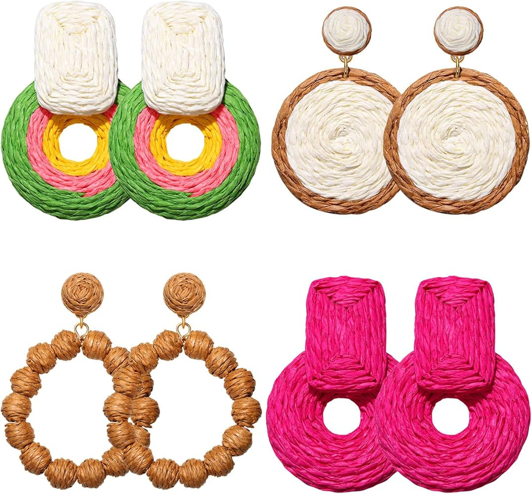 Rattan Earrings Boho Rattan Ball Hoop Earrings for Women Handmade Summer Beach Raffia Dangle Earr... | Amazon (CA)