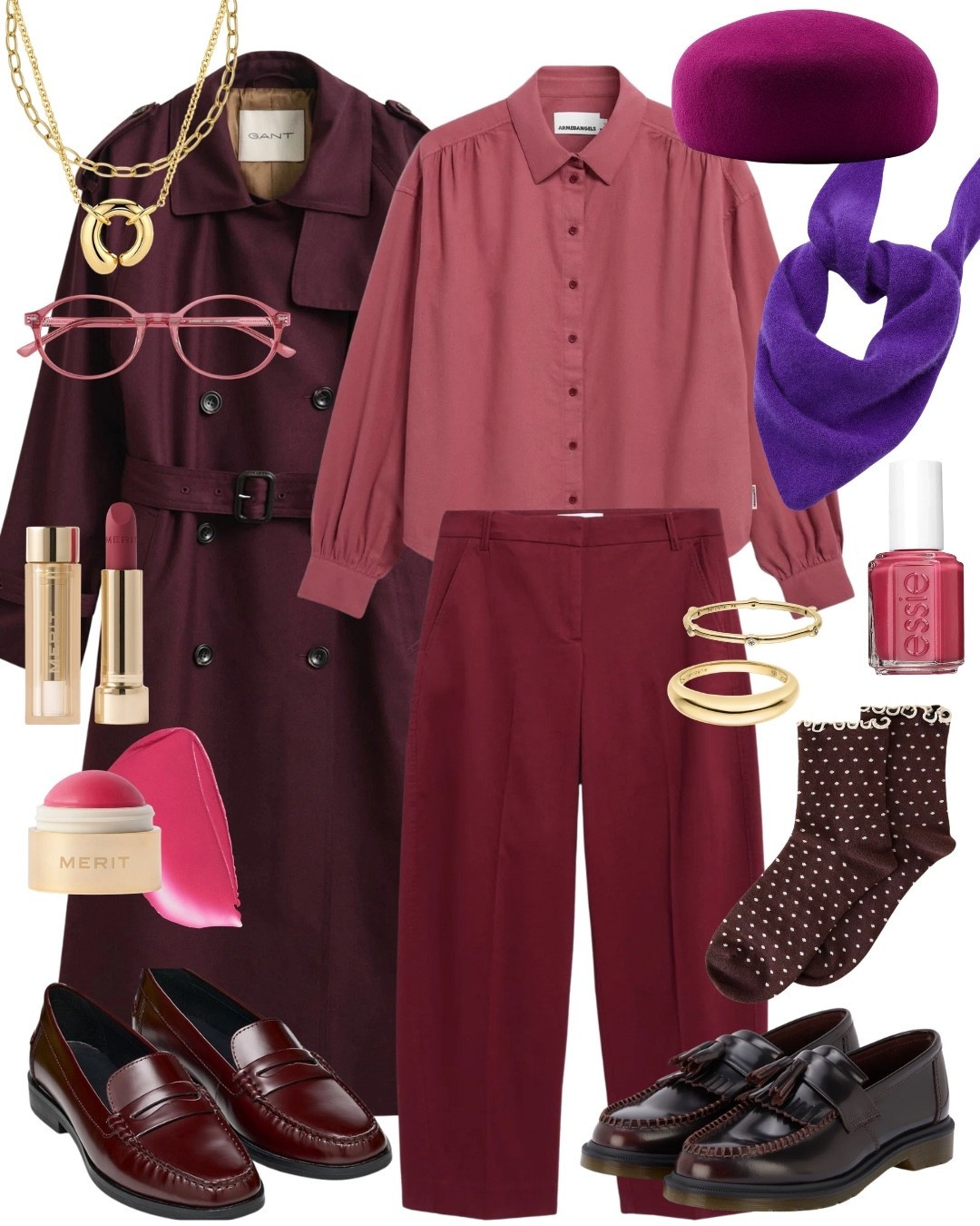 Perfektes Herbstoutfit in Burgundy, Rosa, mit Trenchcoat in Chocolate Brown, Loafern und Hut🥰.