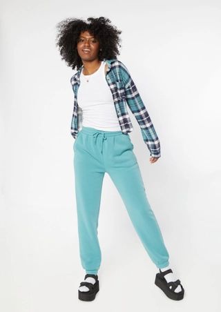 Turquoise Plaid Button Down Cropped Long Sleeve Top | rue21