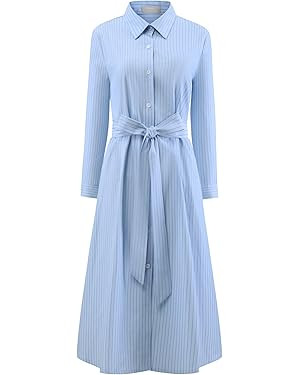 Women's Striped Shirt Dress with Belt A-Line Button Down Shirtdress | Amazon (US)