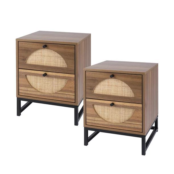 Resenkos Walnut Nightstand Set of 2 for Bedroom, Wood Rattan Night Stand Living Room | Walmart (US)