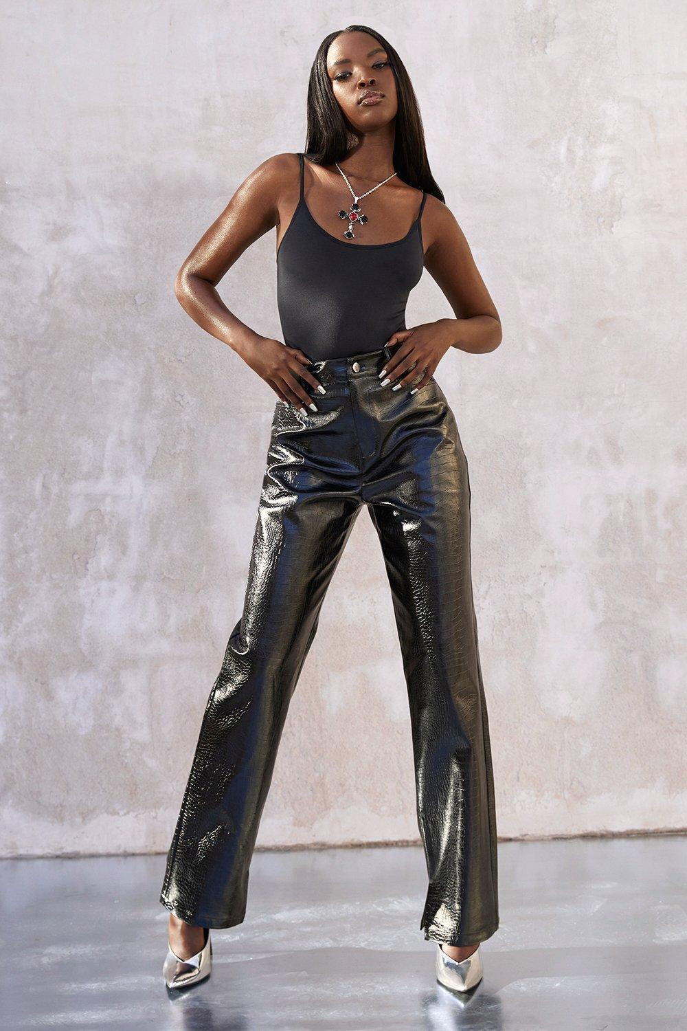 Womens Kourtney Kardashian Barker Patent Croc Pants - Black - 4 | Boohoo.com (US & CA)